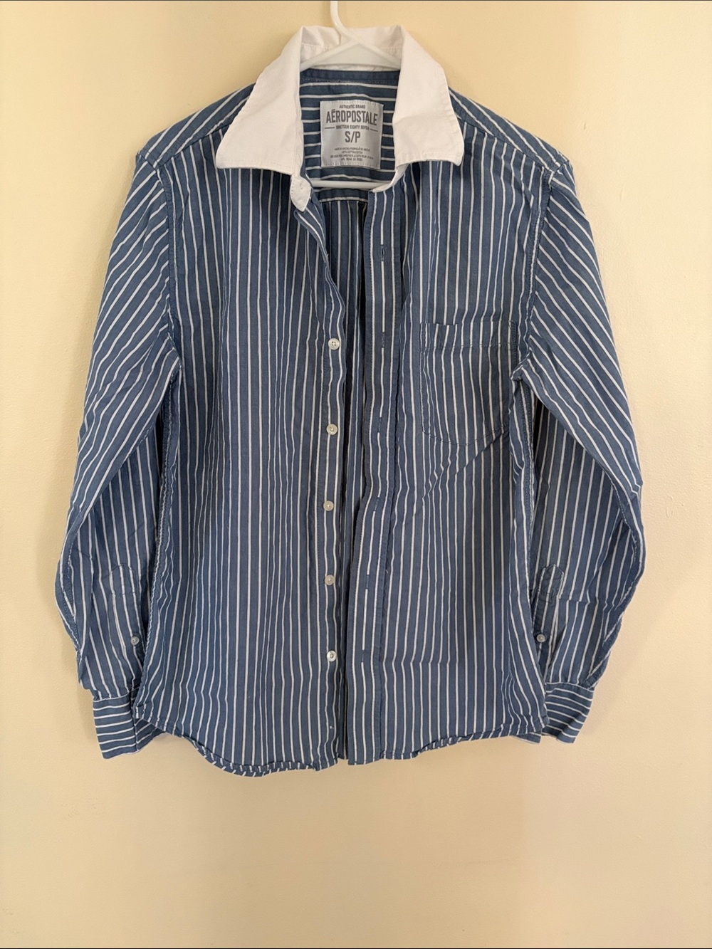Aeropostale Blue and White Vertical Stripe Button-Up Shirt with White Collar